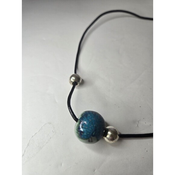 Black Corded Necklace with Peacock Bead Silver Tone Adjustable Length - Picture 7 of 8